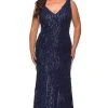 Formal Gowns La Femme - 28946SC Sequined Deep V-neck Long Gown - 1 Pc Navy In Size 14W Available