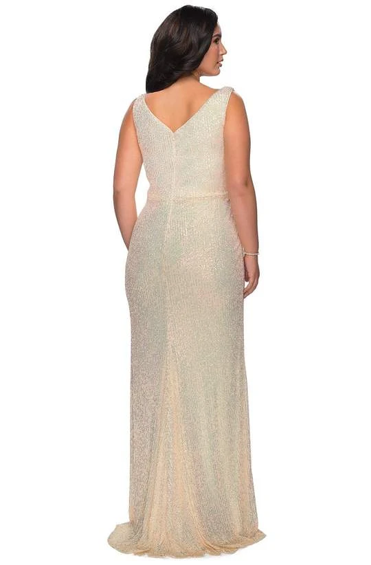 Formal Gowns La Femme - 29046SC Plunging V-Neck Sequined Gown With High Slit - 1 Pc Silver In Size 12W Available 5 Formal Gowns La Femme - 29046SC Plunging V-Neck Sequined Gown With High Slit - 1 Pc Silver In Size 12W Available