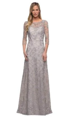 Formal Gowns La Femme - 29153 Illusion Bateau Neck Long Gown - 1 Pc Pearl Silver In Size 14 Available