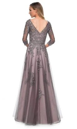 La Femme - 29205SC Floral Appliqued V-neck Formal Gown - 1 Pc Pink/Gray In Size 6 Available