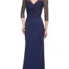 La Femme - 30028SC Sheer Quarter Length Sleeve V-neck Long Dress - 1 Pc Navy In Size 10 Available