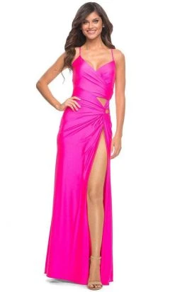 La Femme - 30667SC Sleeveless Ruched V-neck Evening Dress - 1 Pc Neon Pink In Size 4 Available