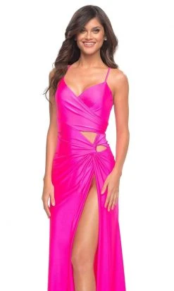 La Femme - 30667SC Sleeveless Ruched V-neck Evening Dress - 1 Pc Neon Pink In Size 4 Available