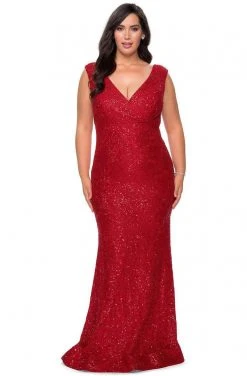 La Femme - Beaded Lace Evening Gown 28837SC - 1 Pc Red In Size 12W Available