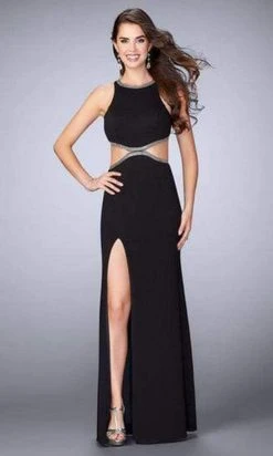 La Femme - Beaded Sleeveless Cutouts Evening Gown With Slit 23418SC - 1 Pc Black In Size 2 Available Formal Gowns