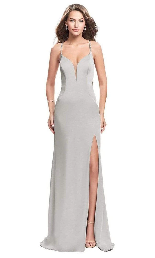 Formal Gowns La Femme - Bejeweled Strappy Back High Slit Dress 25398SC - 1 Pc Silver In Size 8 Available 5 Formal Gowns La Femme - Bejeweled Strappy Back High Slit Dress 25398SC - 1 Pc Silver In Size 8 Available
