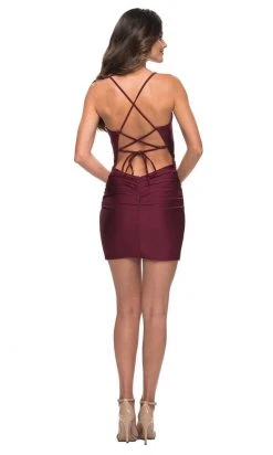 La Femme - Deep V-Neck Ruched Short Dress 30248SC - 1 Pc Dark Berry In Size 00 Available