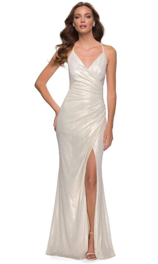 La Femme - Deep V-Neck Wrapped Bodice Sheath Dress 29707SC - 1 Pc White/Gold In Size 4 Available Formal Gowns 3 La Femme - Deep V-Neck Wrapped Bodice Sheath Dress 29707SC - 1 Pc White/Gold In Size 4 Available Formal Gowns