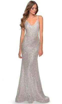 La Femme - Deep V-Neckline Sequin Sheath Dress 28713 - 1 Pc Silver In Size 00 Available Formal Gowns
