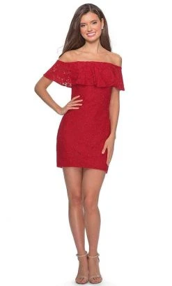 La Femme - Draped Lace Off Shoulder Short Dress 28147SC