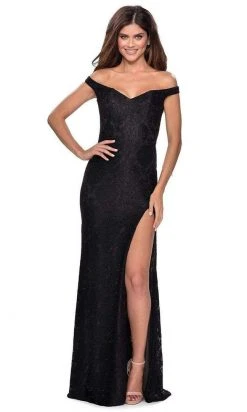 La Femme - Embellished Off Shoulder High Slit Dress 28301SC - 1 Pc Black In Size 10 Available Formal Gowns