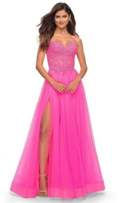 La Femme - Embroidered Tulle Prom Gown 30755SC - 1 Pc Neon Pink In Size 6 Available