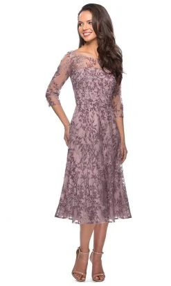 La Femme - Floral Embroidered Illusion Bateau Dress 27971SC - 1 Pc Dusty Lilac In Size 14 Available Cocktail Dresses