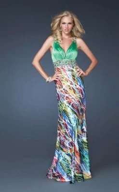 La Femme Gigi - 16115 V-Neck Colorful Splatter Print Long Dress Formal Gowns