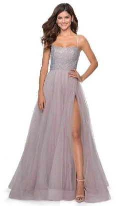 La Femme - Long Beaded Bodice High Slit Tulle Dress 28530SC - 1 Pc Silver In Size 0 Available Formal Gowns