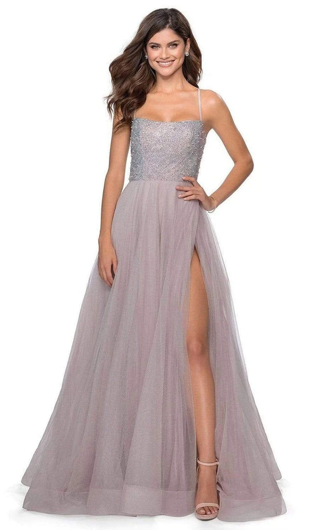 La Femme - Long Beaded Bodice High Slit Tulle Dress 28530SC - 1 Pc Silver In Size 0 Available Formal Gowns 3 La Femme - Long Beaded Bodice High Slit Tulle Dress 28530SC - 1 Pc Silver In Size 0 Available Formal Gowns