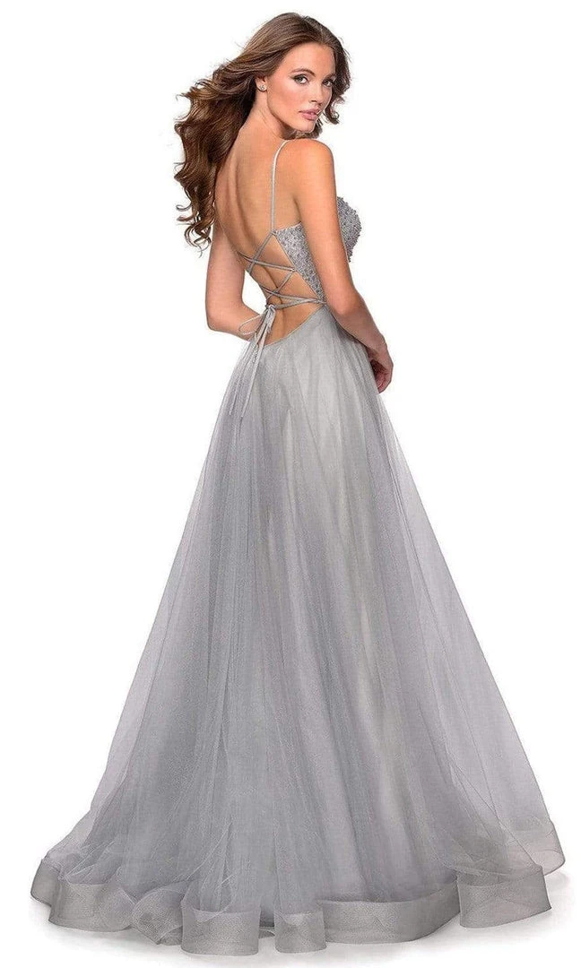 La Femme - Long Beaded Bodice High Slit Tulle Dress 28530SC - 1 Pc Silver In Size 0 Available Formal Gowns 6 La Femme - Long Beaded Bodice High Slit Tulle Dress 28530SC - 1 Pc Silver In Size 0 Available Formal Gowns