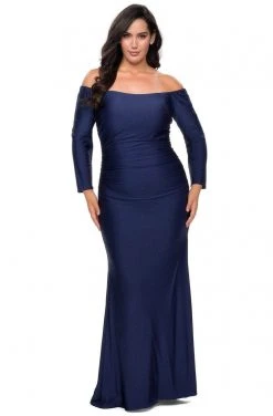 La Femme - Long Sleeve Ruched Evening Dress 28881SC - 1 Pc Navy In Size 18W Available Formal Gowns