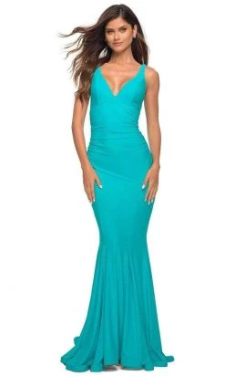 La Femme - Low V-Neck Ruched Prom Gown 30746SC - 1 Pc Aqua In Size 0 Available Formal Gowns