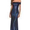 Formal Gowns La Femme - Metallic Off Shoulder Sheath Dress 28740SC - 2 Pc Navy In Size 0 And 12 Available