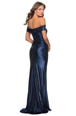Formal Gowns La Femme - Metallic Off Shoulder Sheath Dress 28740SC - 2 Pc Navy In Size 0 And 12 Available