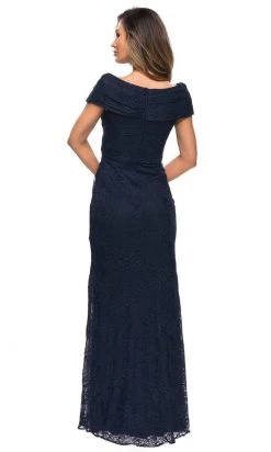 Formal Gowns La Femme - Off Shoulder Lace Sheath Dress 27982SC - 1 Pc Navy In Size 2 Available