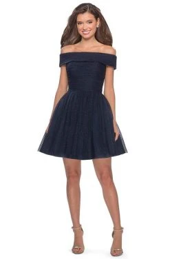 Cocktail Dresses La Femme - Off Shoulder Pleated A-Line Dress 28234SC - 1 Pc Navy In Size 8 Available