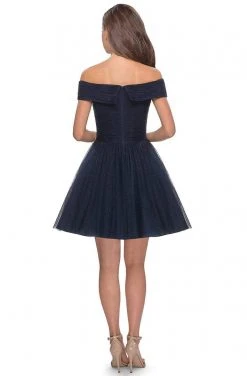 Cocktail Dresses La Femme - Off Shoulder Pleated A-Line Dress 28234SC - 1 Pc Navy In Size 8 Available