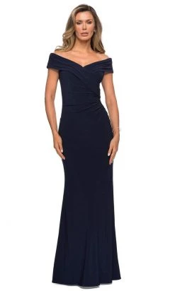 Formal Gowns La Femme - Pleat-Ornate Off Shoulder Jersey Dress 27959SC - 1 Pc Navy In Size 8 Available