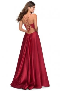 La Femme - Plunging V-Neck Fitted Satin A-Line Dress 28628SC Formal Gowns