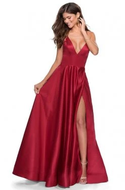 La Femme - Plunging V-Neck Fitted Satin A-Line Dress 28628SC Formal Gowns