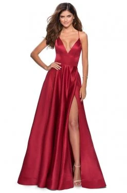 La Femme - Plunging V-Neck Fitted Satin A-Line Dress 28628SC Formal Gowns