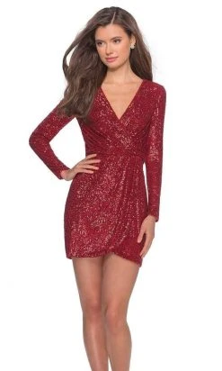 La Femme - Plunging V-Neck Sequined Short Dress 28316SC Cocktail Dresses