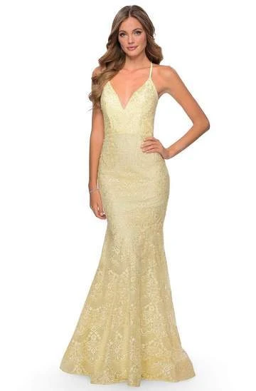 La Femme - Plunging V-Neck Thin Straps Mermaid Dress 28643SC - 1 Pc Pale Yellow In Size 4 Available 3 La Femme - Plunging V-Neck Thin Straps Mermaid Dress 28643SC - 1 Pc Pale Yellow In Size 4 Available