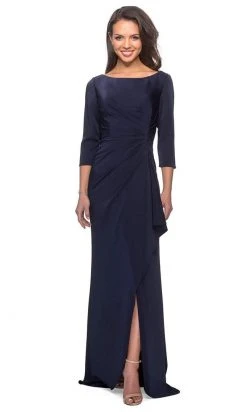 Formal Gowns La Femme - Quarter Sleeve Draped High Slit Dress 28197SC