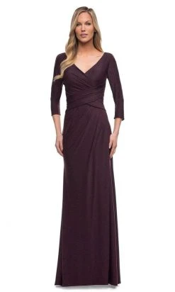 La Femme - Ruche-Ornate V-Neck Evening Dress 29223SC - 1 Pc Dark Garnet In Size 14 Available Mother Of The Bride
