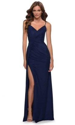 La Femme - Ruched Strappy Back Evening Dress 29699SC - 1 Pc Navy In Size 2 Available Formal Gowns