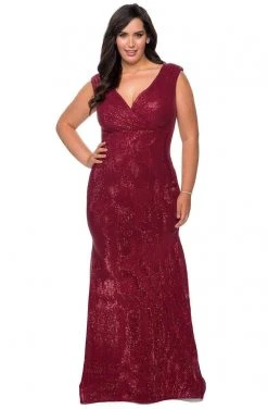 Plus Size Dresses La Femme - Sequined Faux Wrap Gown 28962SC - 1 Pc Wine In Size 12W Available