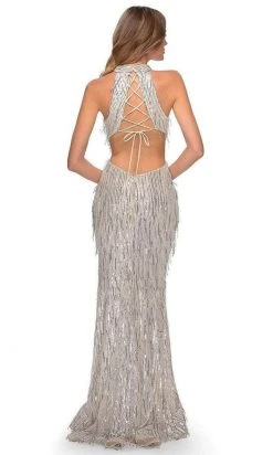 Formal Gowns La Femme - Sequined Fringe High Halter Evening Dress 28819SC - 1 Pc Silver In Size 0 Available