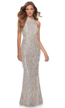 Formal Gowns La Femme - Sequined Fringe High Halter Evening Dress 28819SC - 1 Pc Silver In Size 0 Available
