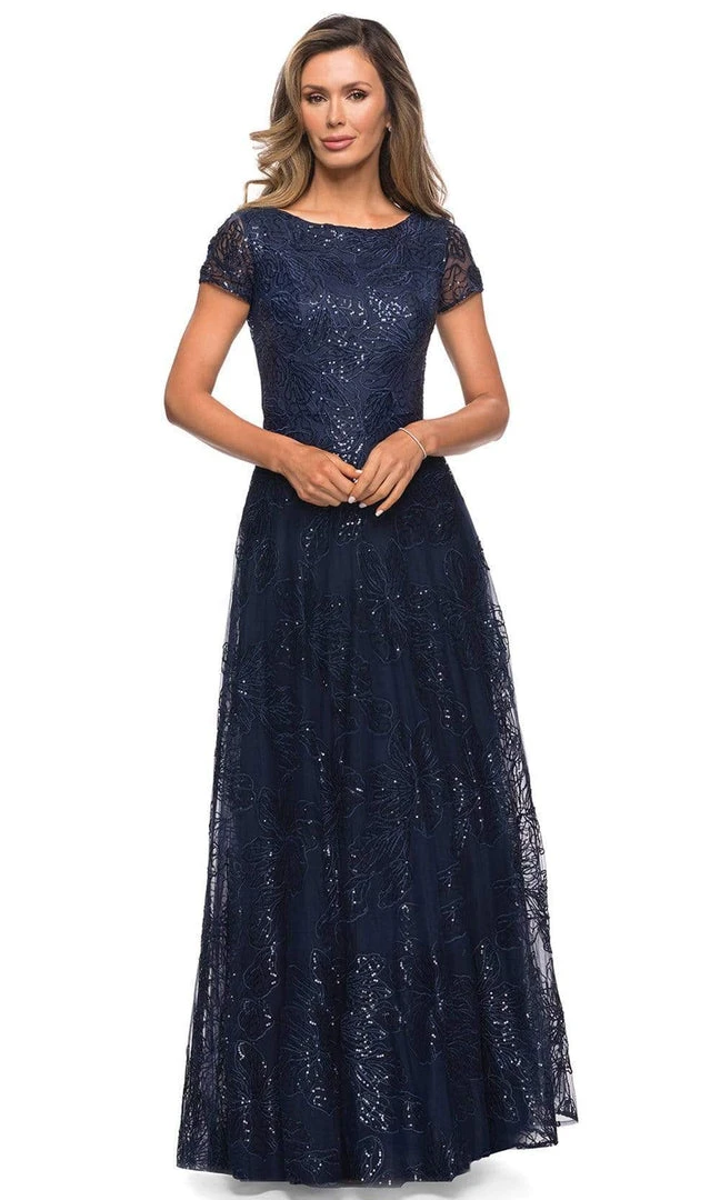 La Femme - Sequined Lace Bateau A-line Dress 27837SC - 1 Pc Navy In Size 12 Available 3 La Femme - Sequined Lace Bateau A-line Dress 27837SC - 1 Pc Navy In Size 12 Available