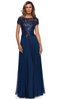 La Femme - Sequined Lace Bodice A-Line Dress 27924SC - 1 Pc Navy In Size 16 Available