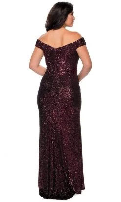 La Femme - Sequined Off-Shoulder Sheath Dress 28795SC - 1 Pc Wine In Size 12W Available Formal Gowns