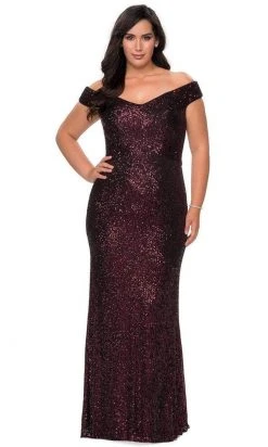 La Femme - Sequined Off-Shoulder Sheath Dress 28795SC - 1 Pc Wine In Size 12W Available Formal Gowns