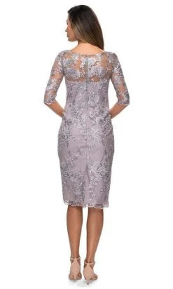 La Femme - Sheer Neckline And Sleeves Floral Lace Sheath Knee-Length Dress 27895SC - 1 Pc Lavender/Gray In Size 10 Available