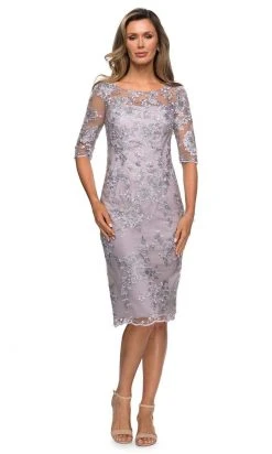 La Femme - Sheer Neckline And Sleeves Floral Lace Sheath Knee-Length Dress 27895SC - 1 Pc Lavender/Gray In Size 10 Available