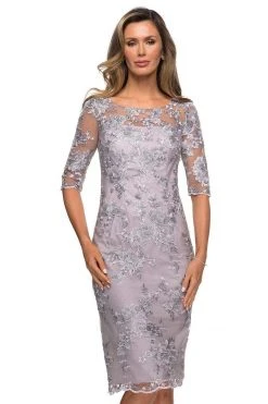 La Femme - Sheer Neckline And Sleeves Floral Lace Sheath Knee-Length Dress 27895SC - 1 Pc Lavender/Gray In Size 10 Available
