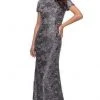 La Femme - Short Sleeve Floral Bateau Evening Dress 27884SC - 2 Pcs Gunmetal In Size 16 And 18 Available Formal Gowns 2 La Femme - Short Sleeve Floral Bateau Evening Dress 27884SC - 2 Pcs Gunmetal In Size 16 And 18 Available Formal Gowns