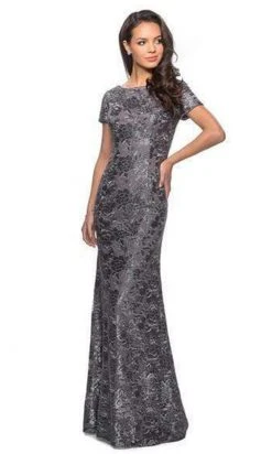 La Femme - Short Sleeve Floral Bateau Evening Dress 27884SC - 2 Pcs Gunmetal In Size 16 And 18 Available Formal Gowns