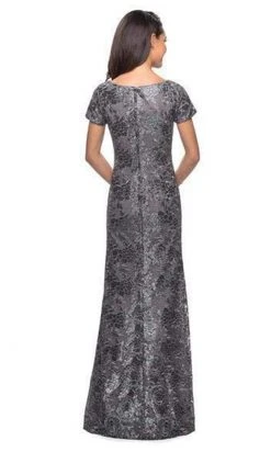 La Femme - Short Sleeve Floral Bateau Evening Dress 27884SC - 2 Pcs Gunmetal In Size 16 And 18 Available Formal Gowns